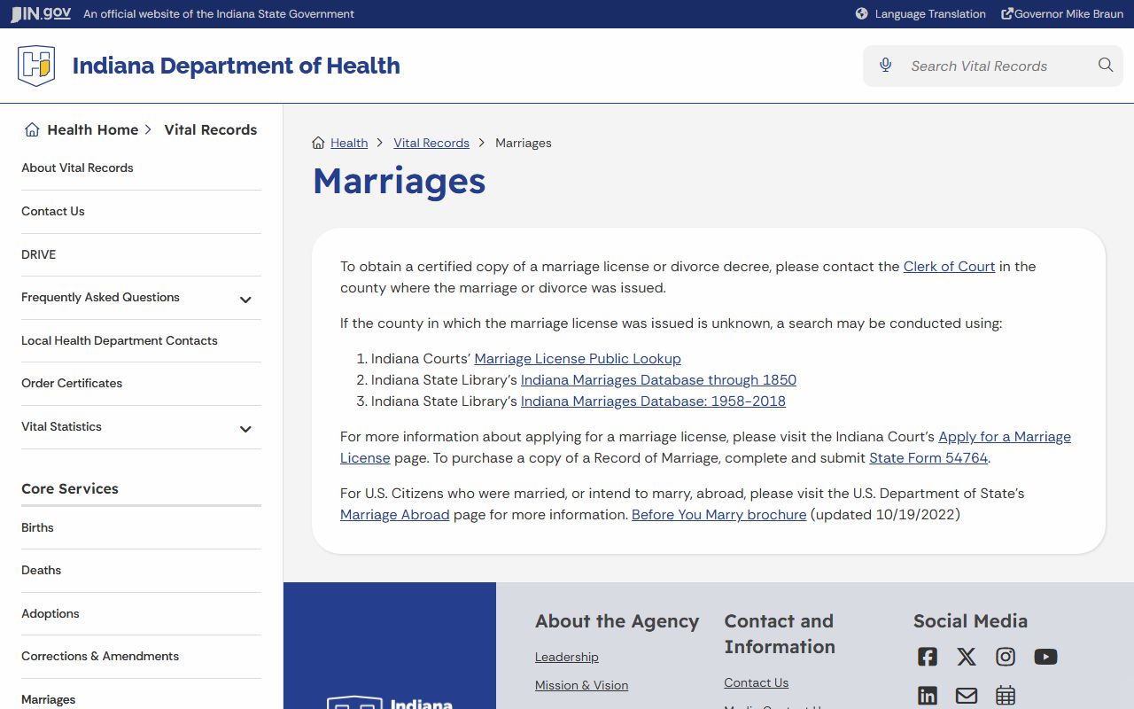 Hancock County marriage and divorce records Indiana vital records marriage guidance
