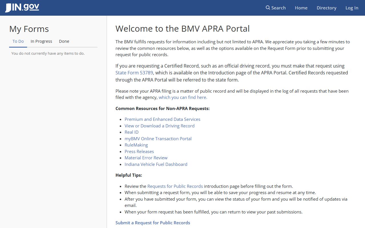 Hancock County traffic court records Indiana BMV APRA portal